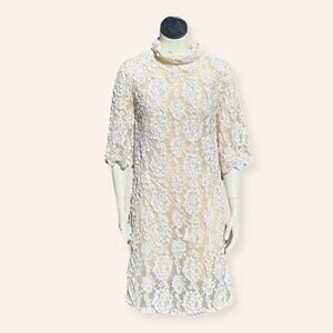 Vintage Cream Lace Shift Dress | Floral Overlay | Mod Bridal Style size 6
